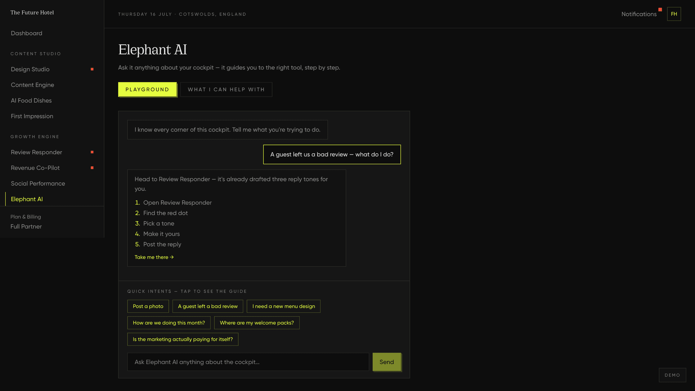 The Elephant AI playground. Asked 'A guest left us a bad review, what do I do?', it answers with five numbered steps into Review Responder and a 'Take me there' link, above quick intents such as 'Is the marketing actually paying for itself?'