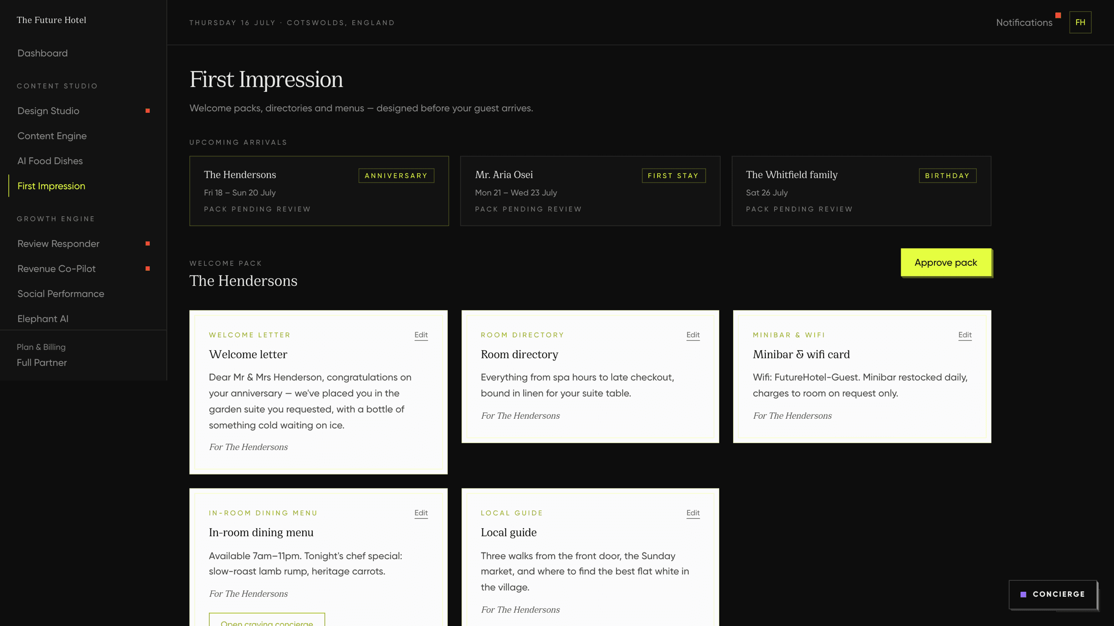 The First Impression screen. Three upcoming arrivals, an anniversary, a first stay and a birthday, with the Hendersons' welcome pack open: welcome letter, room directory, minibar and wifi card, in-room dining menu and local guide, each editable, with an Approve pack button.